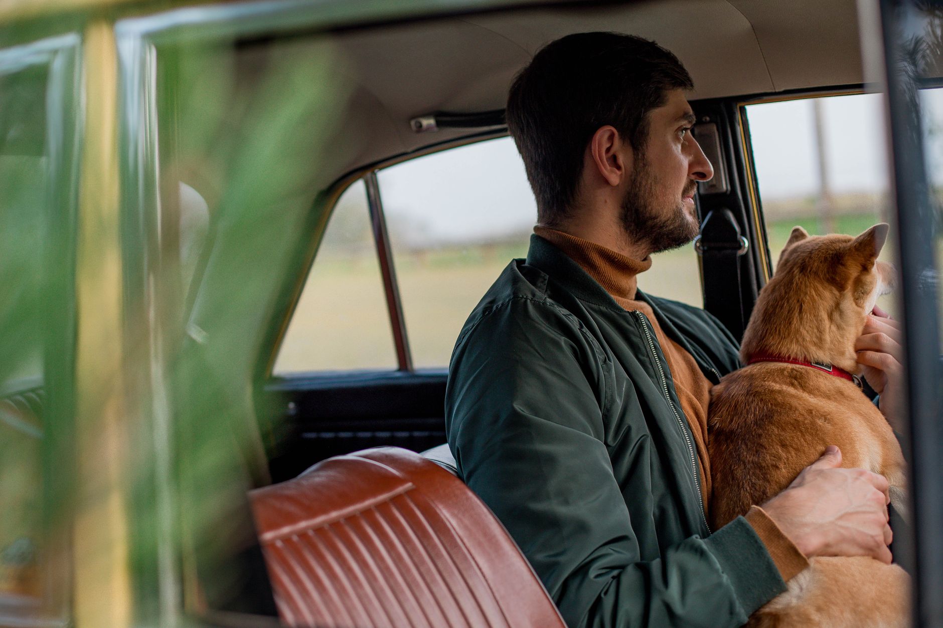 Homme tenant son chien à l'arrière d'une voiture